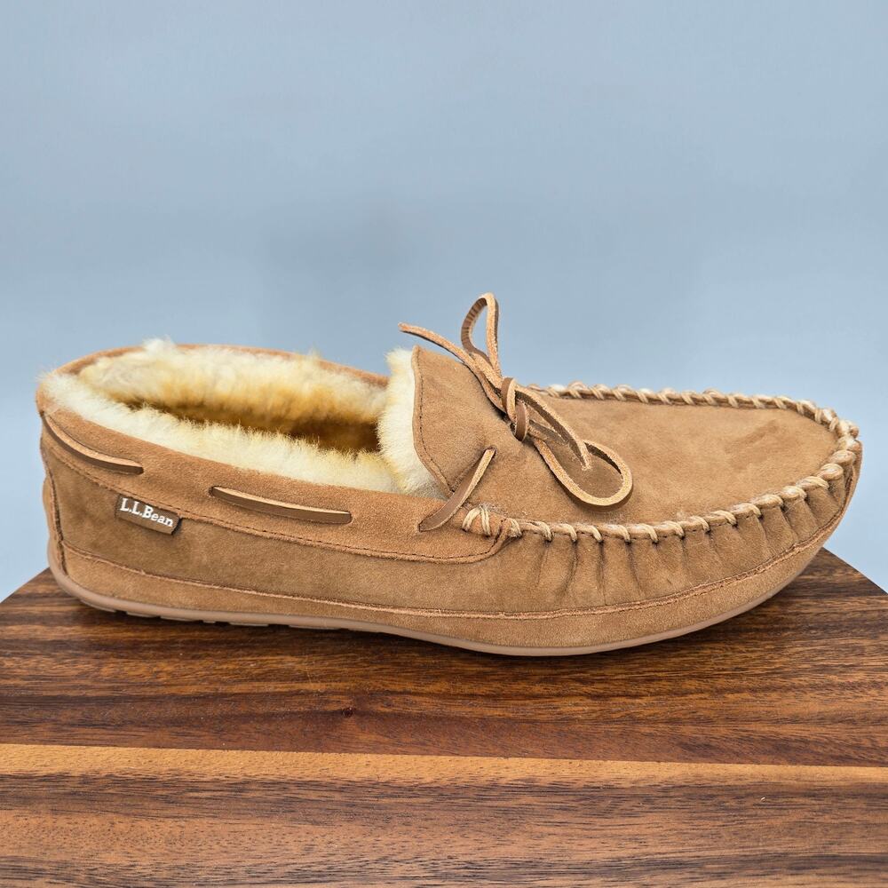 LL Bean Wicked Good Slippers Mens 12 Brown Suede Shearling Lined Shoes Moccasins